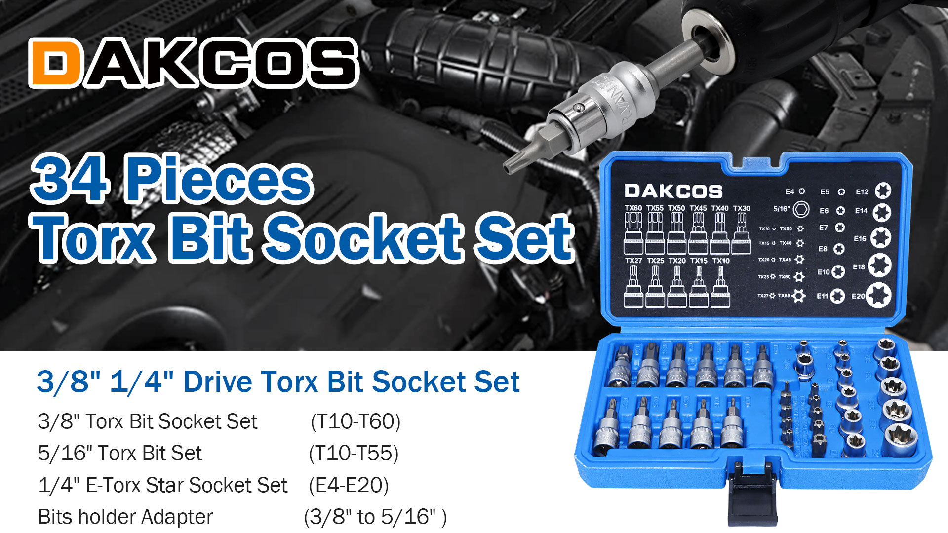 DAKCOS 34 Pcs Torx Socket Set and Female E-Torx Star Socket Set